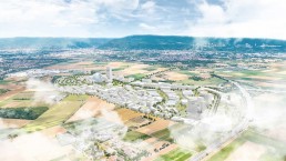 fotorealistische Visualisierung des neuen Stadtquartiers in der Landschaft